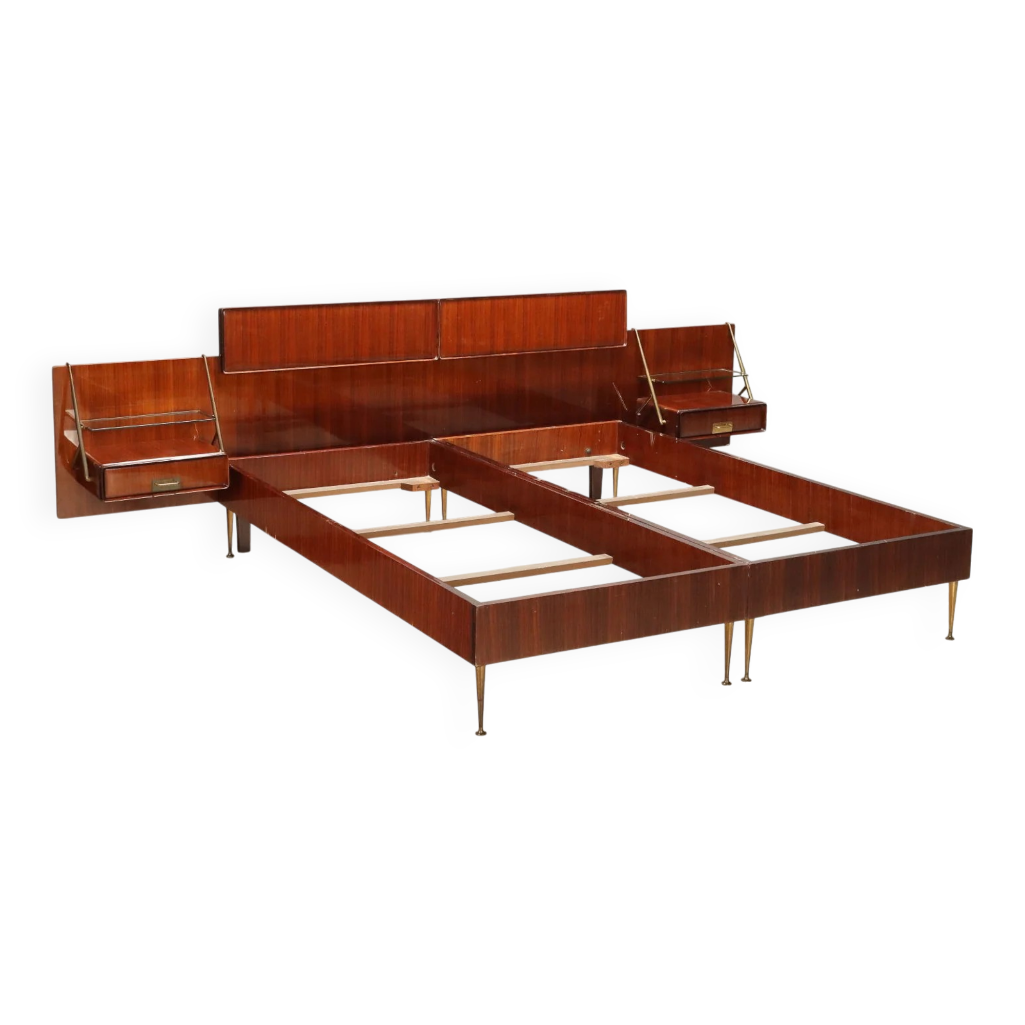 Double bed from the 1960s with bedside tables by Silvio Cavatorta.