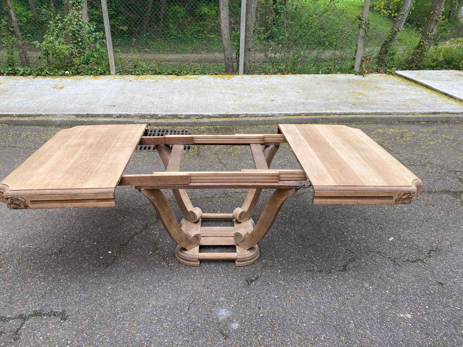 Rectangular Art Deco dining table with a central pedestal, renovated in solid oak.