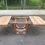 Rectangular Art Deco dining table with a central pedestal, renovated in solid oak.