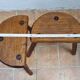 Pair of rustic tripod stools in solid wood, brutalist style.