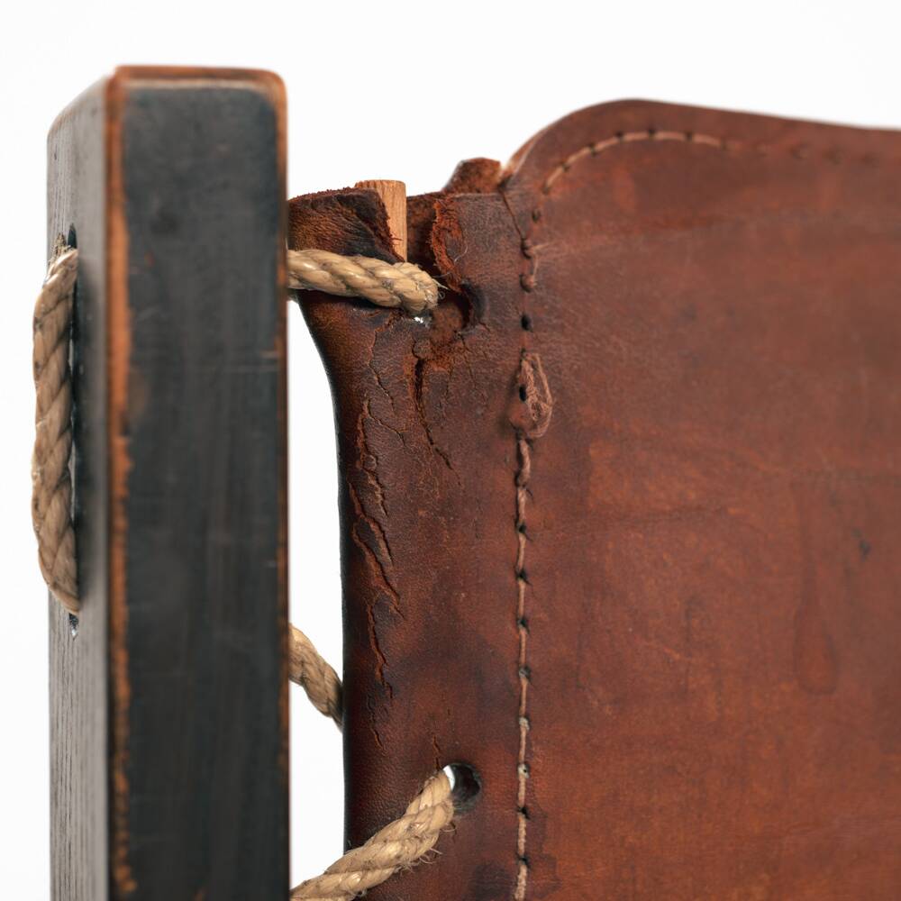 Vintage Brutalist Hide Leather and Wood with Rope Dining Chairs, Set of 2