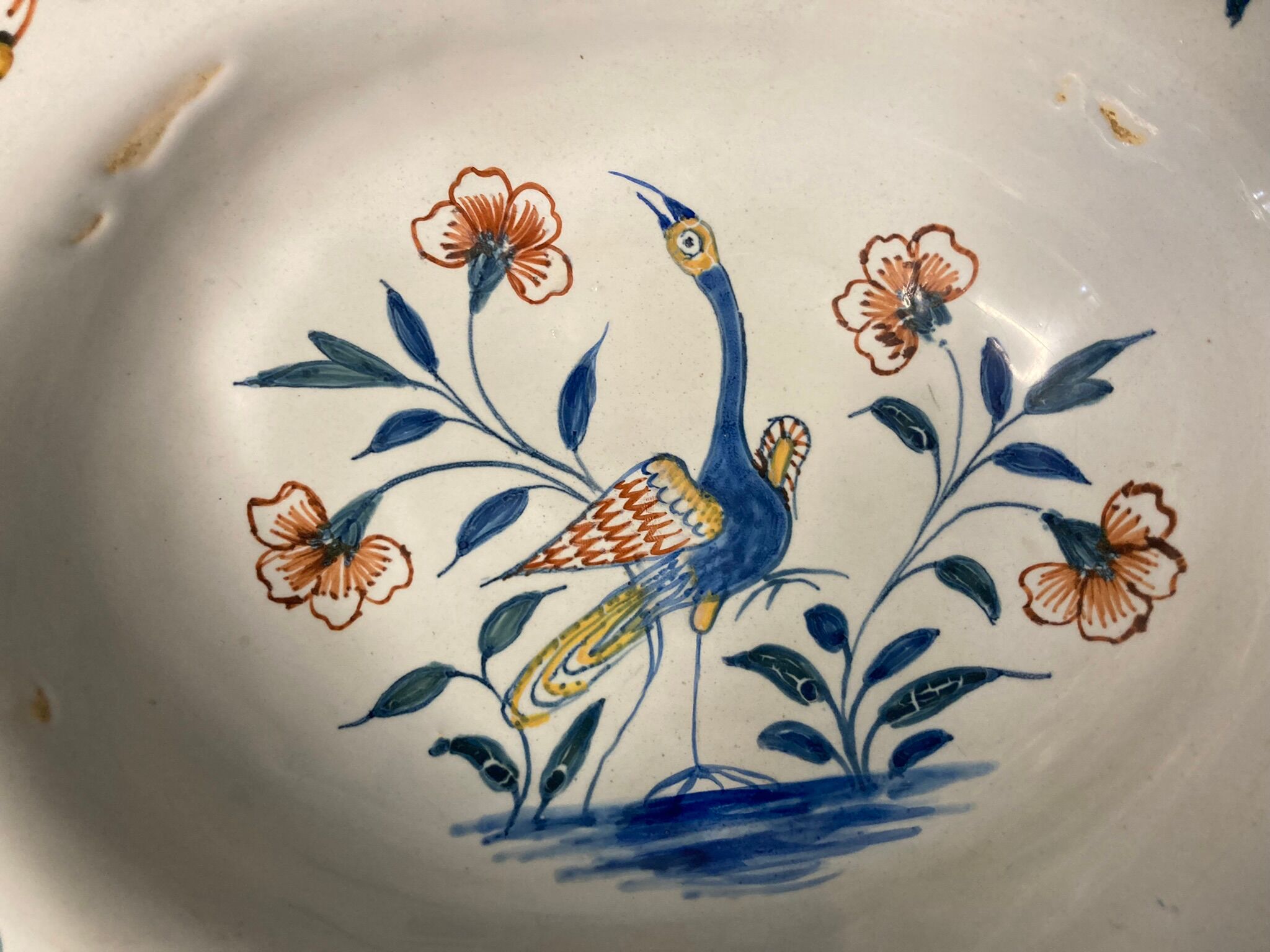 Antique polychrome earthenware shaving dish from La Rochelle, 18th century