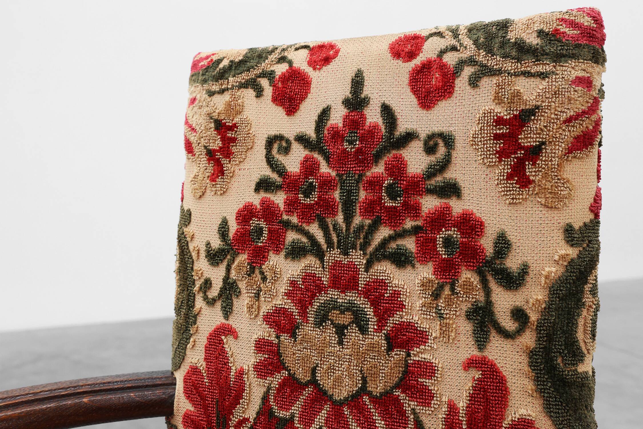 Antique oak Louis XIII style chair with floral upholstery, France ca. 1890