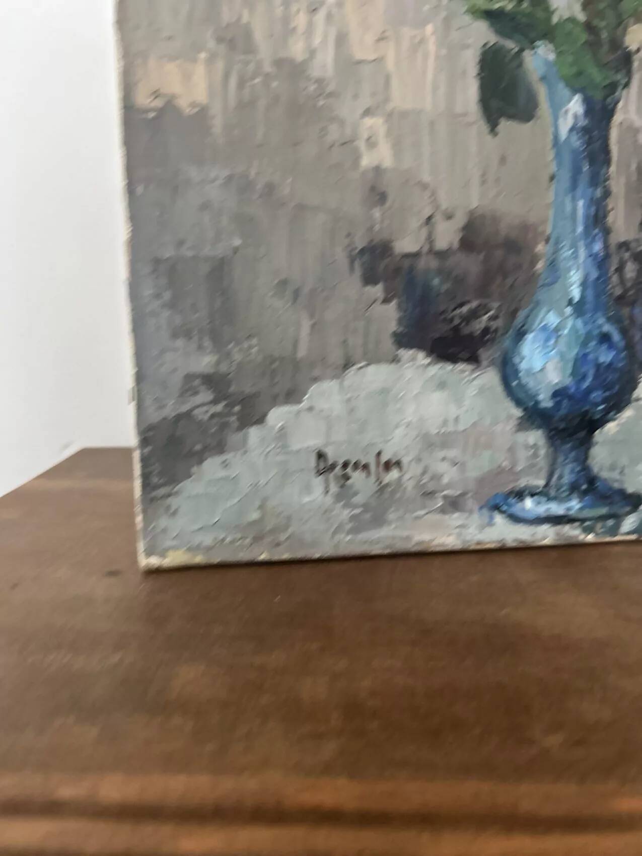 Antique oil painting on canvas, "The Rose in a Blue Vase," mid-20th century, signed