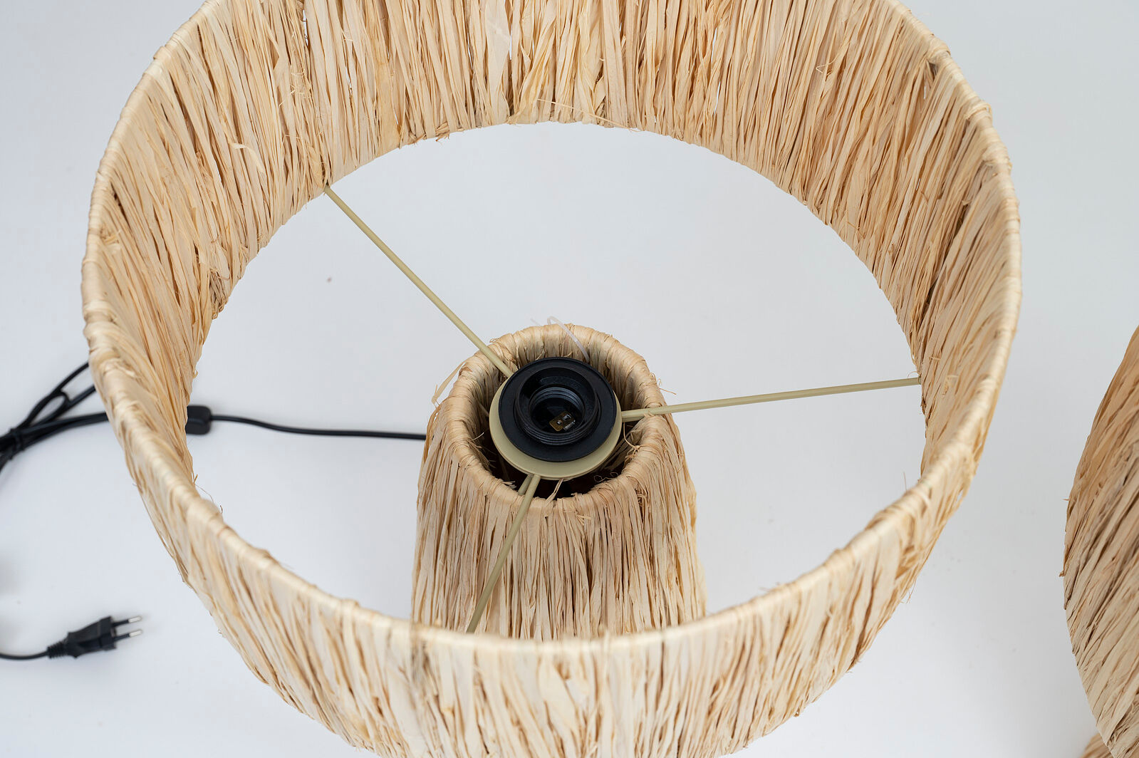 Handmade pair of natural rafia table lamps