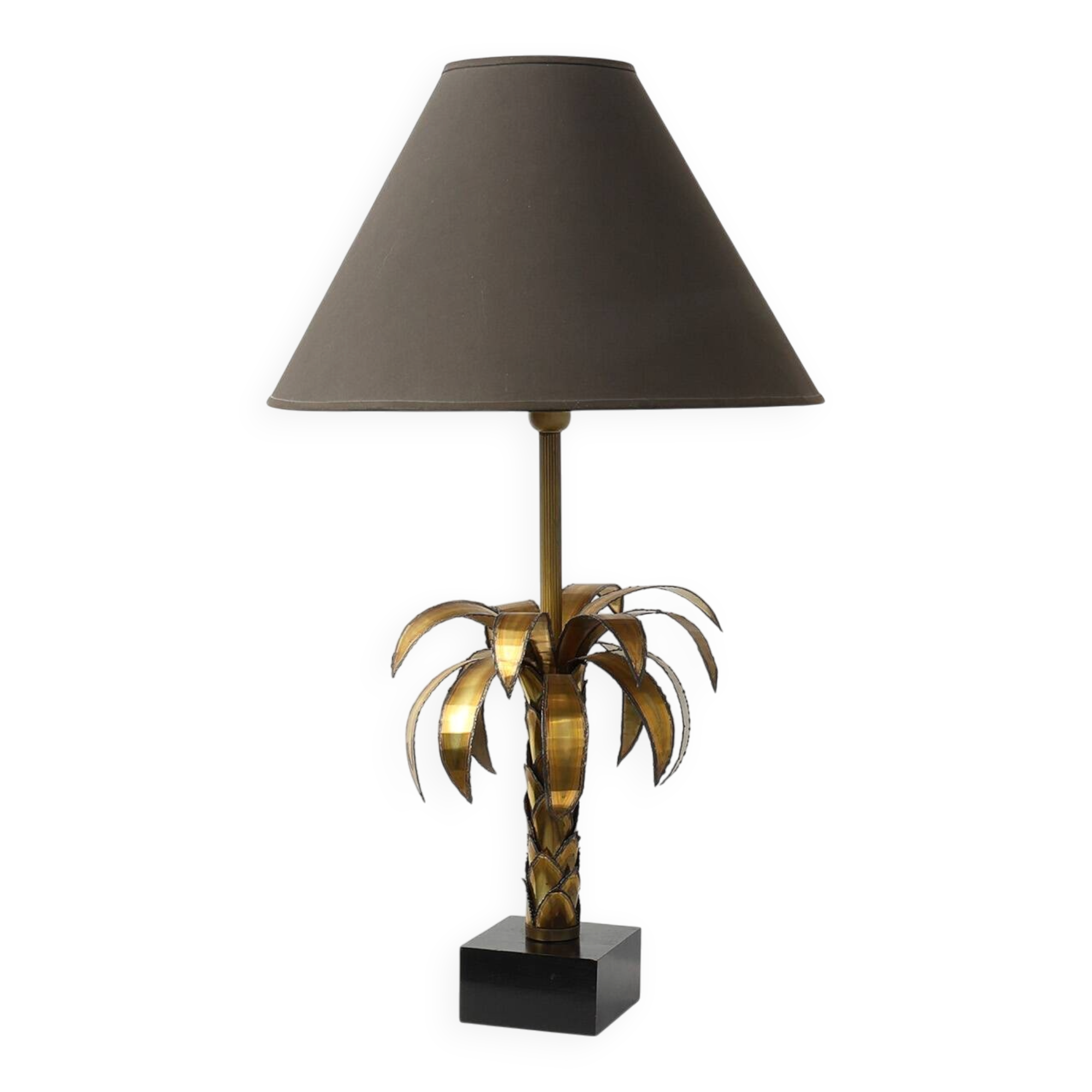 Hollywood Regency brass palm tree table lamp with black shade, France, 1970