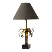 Lampe de table en laiton palmier de style Hollywood Regency avec abat-jour noir, France, 1970