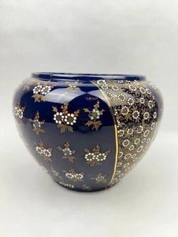Limoges porcelain flowerpot with gold enamel decoration and blue relief flowers from Four