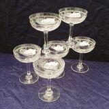 Six crystal champagne glasses engraved and chiseled