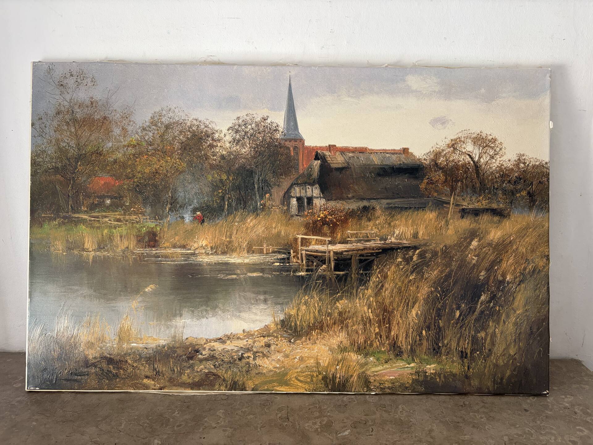 Village by the water, oil on paper signed