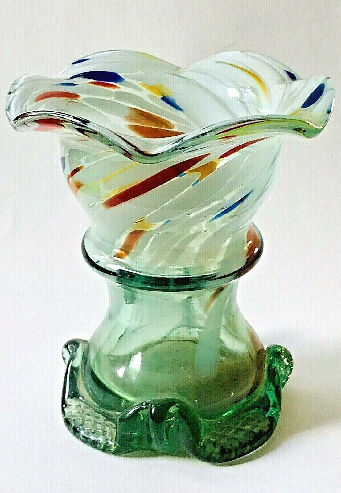 Murano glass vase with corolla neck in multi-colored glass and worked foot