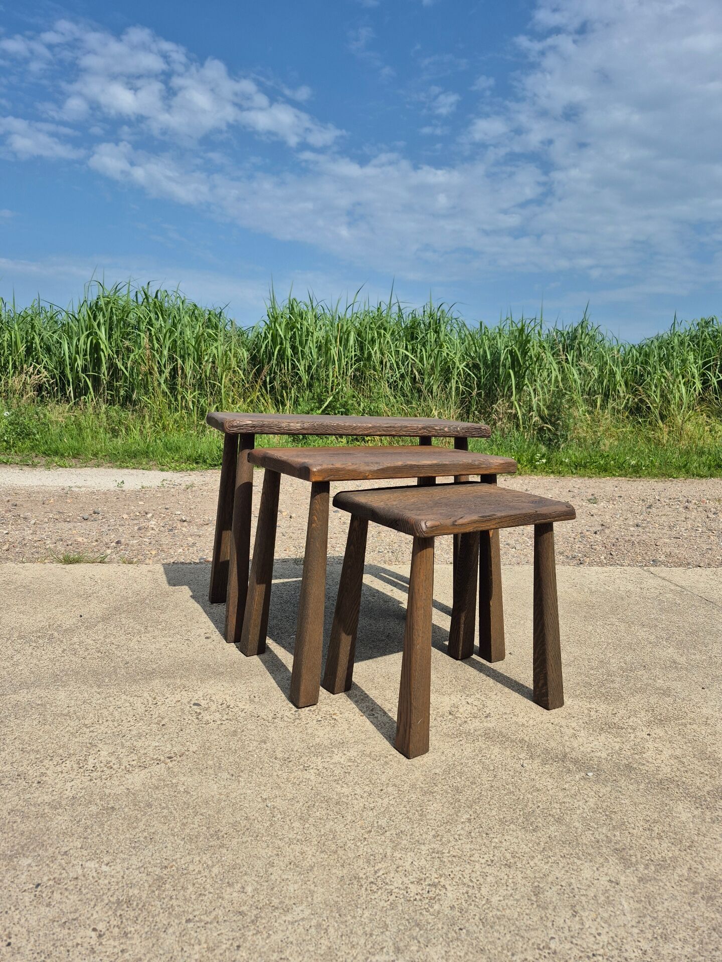 Set 3 nesting tables oak high legs 1970s dark brutalist