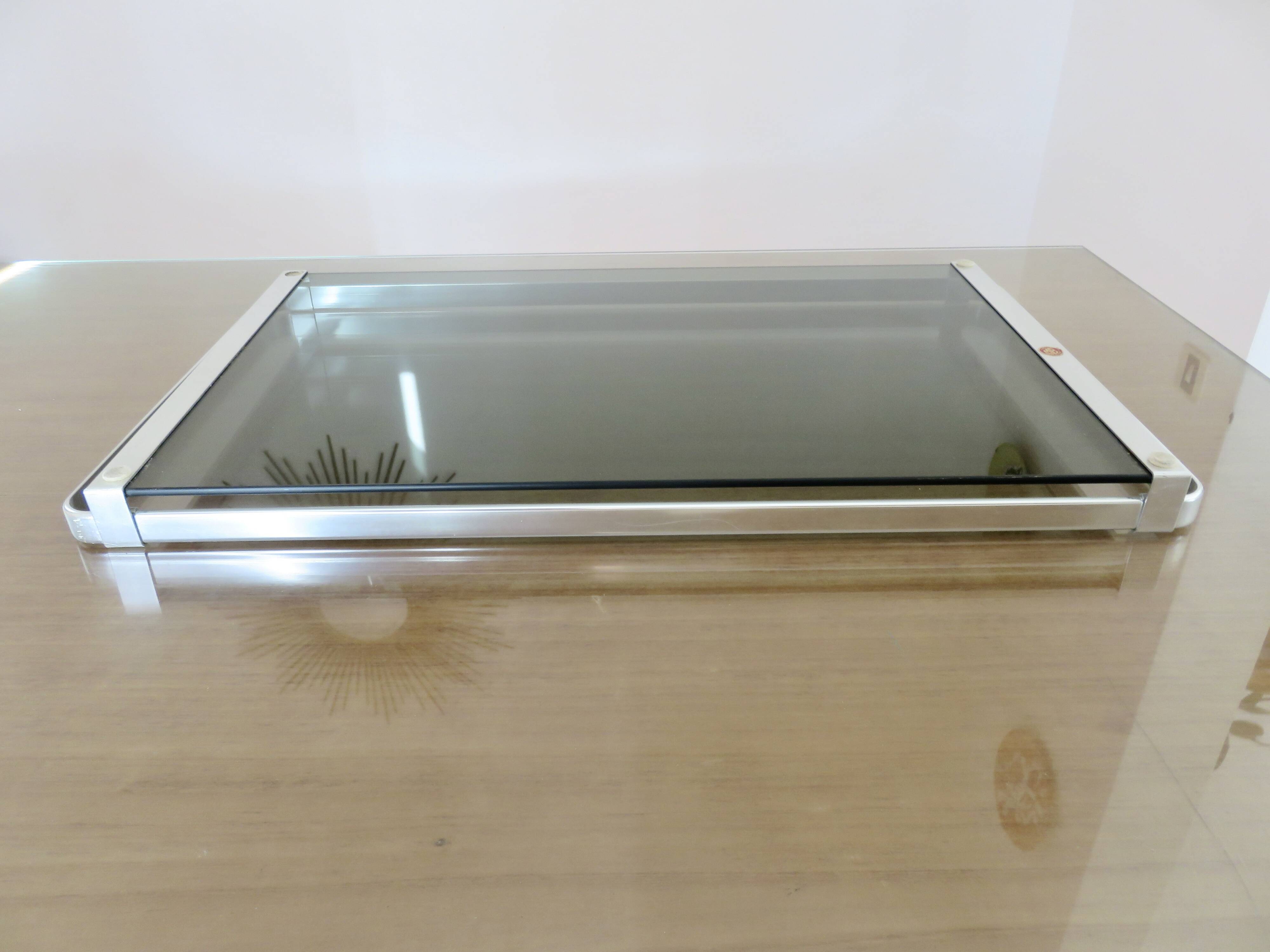 Very large tray, MB Italy for Roche Bobois, aluminum and smoked glass, 70