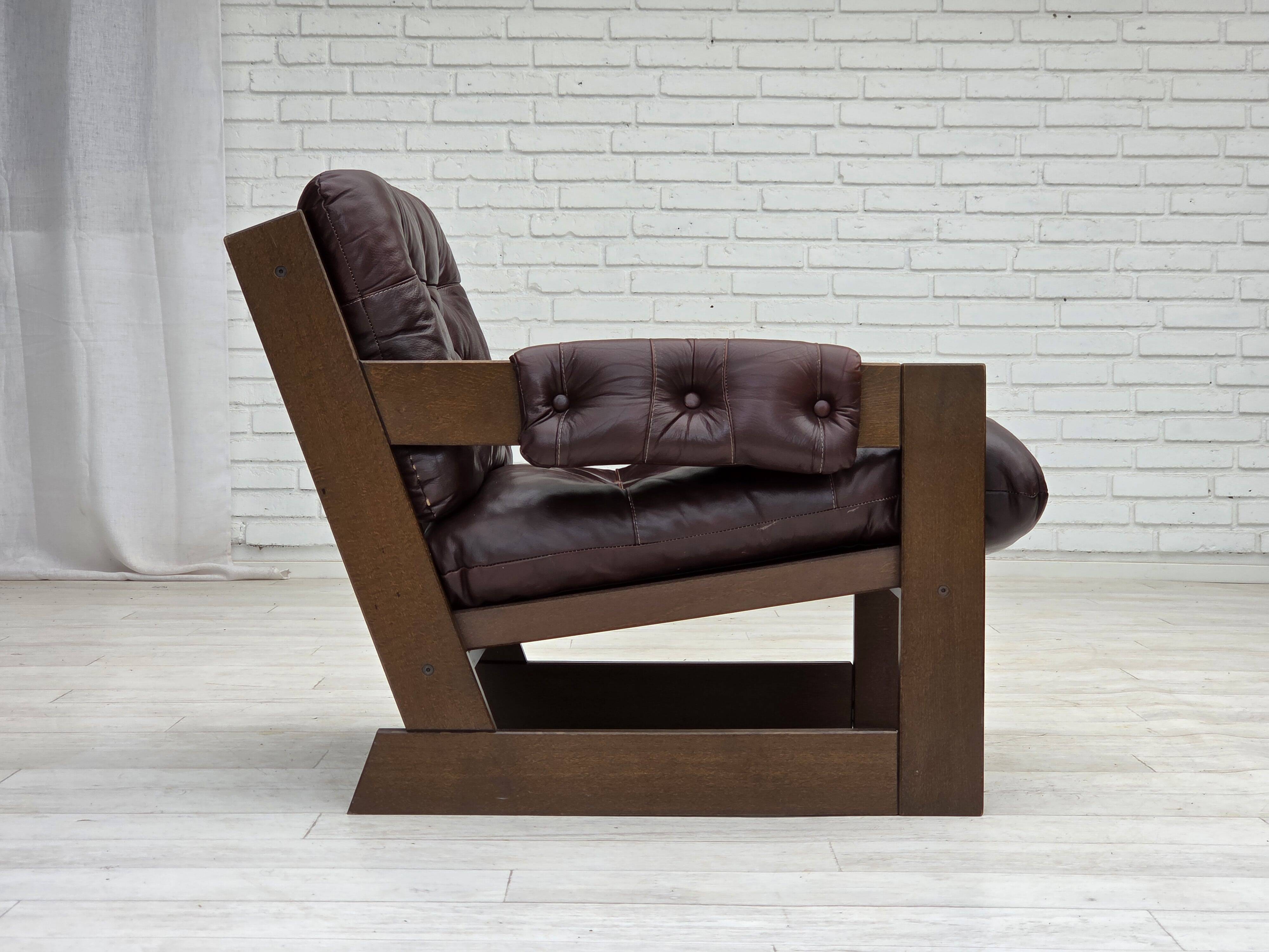 1970s, Scandinavian armchair, brown furniture leather, dark beech wood.