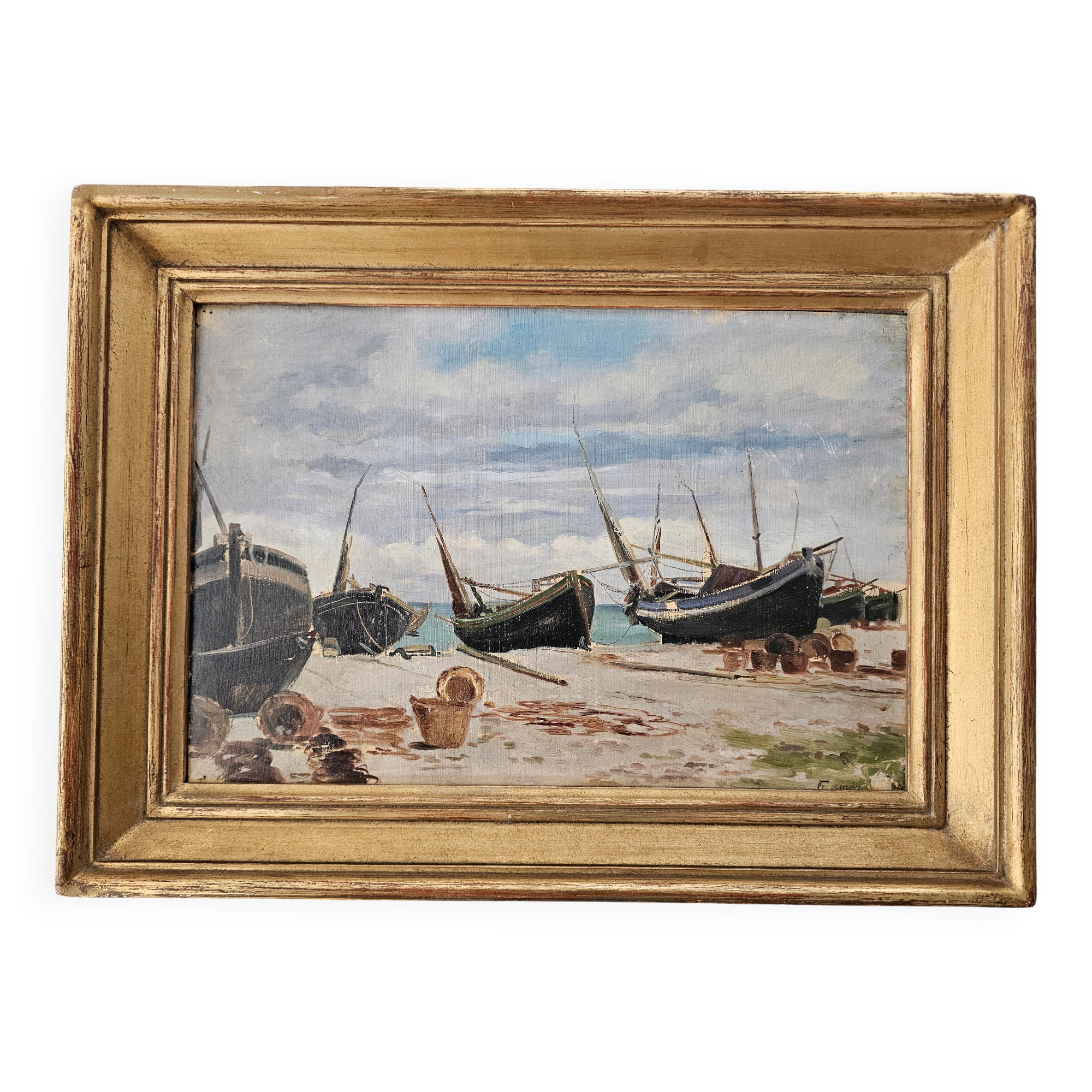 Oil on Panel - Marine Boats on Beach signed (to be identified)