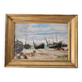 Tableau Huile sur Panneau - Marine Bateaux sur plage signé (à identifier)
