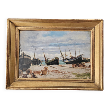 Tableau Huile sur Panneau - Marine Bateaux sur plage signé (à identifier)