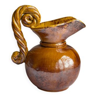 Vallauris 1950 Ewer or Pitcher with twisted handle in enameled ceramic