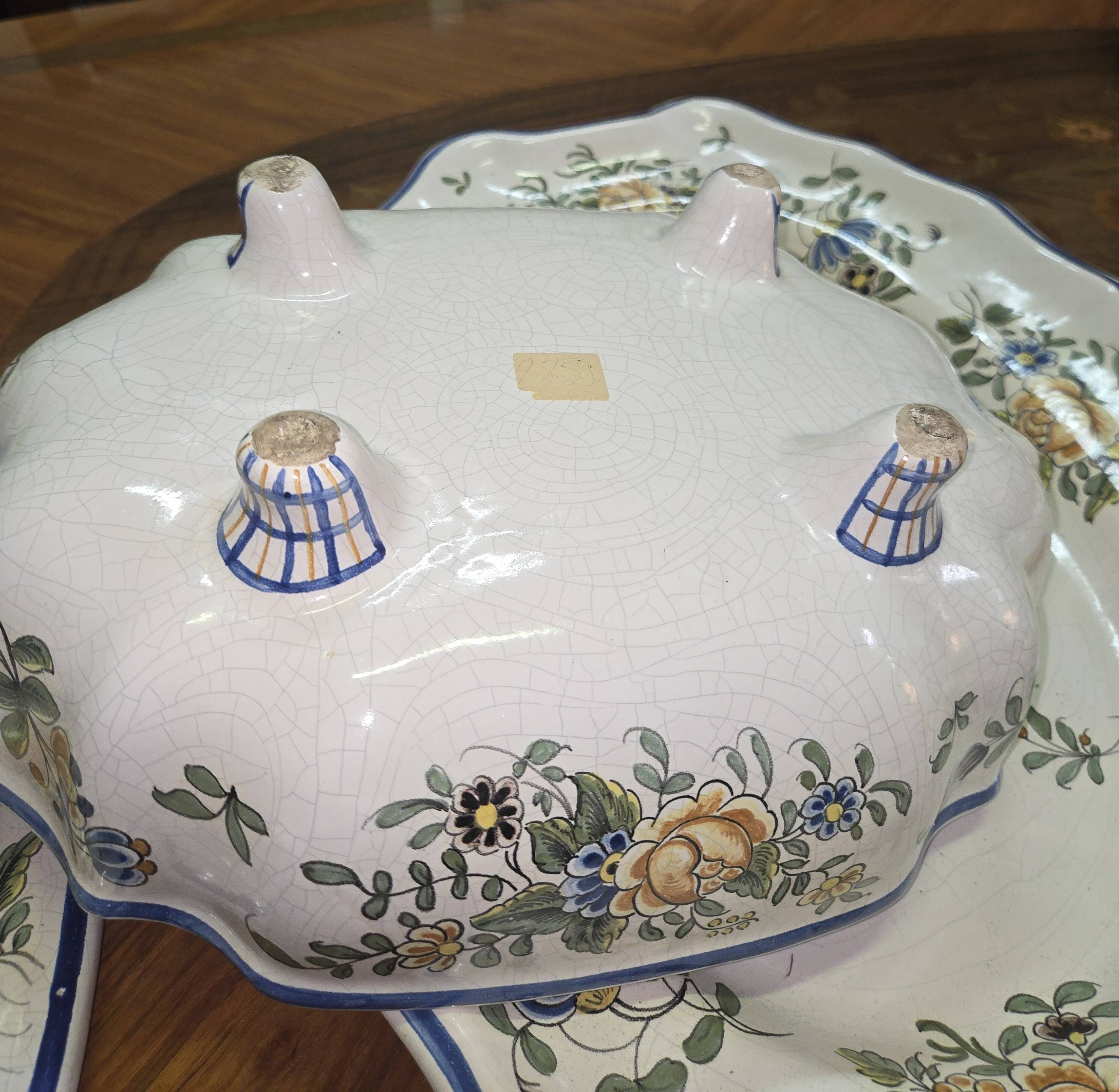 Enormous antique soup tureen in earthenware – floral decoration – with matching tray