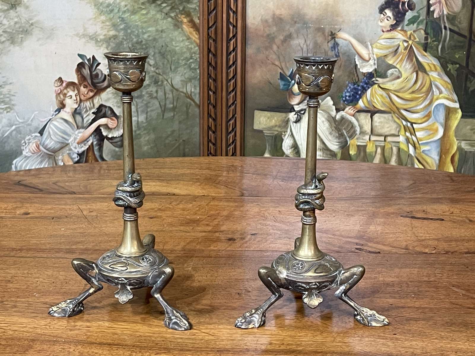Pair of bronze candle holders XIXth decoration snakes