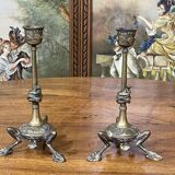 Pair of bronze candle holders XIXth decoration snakes
