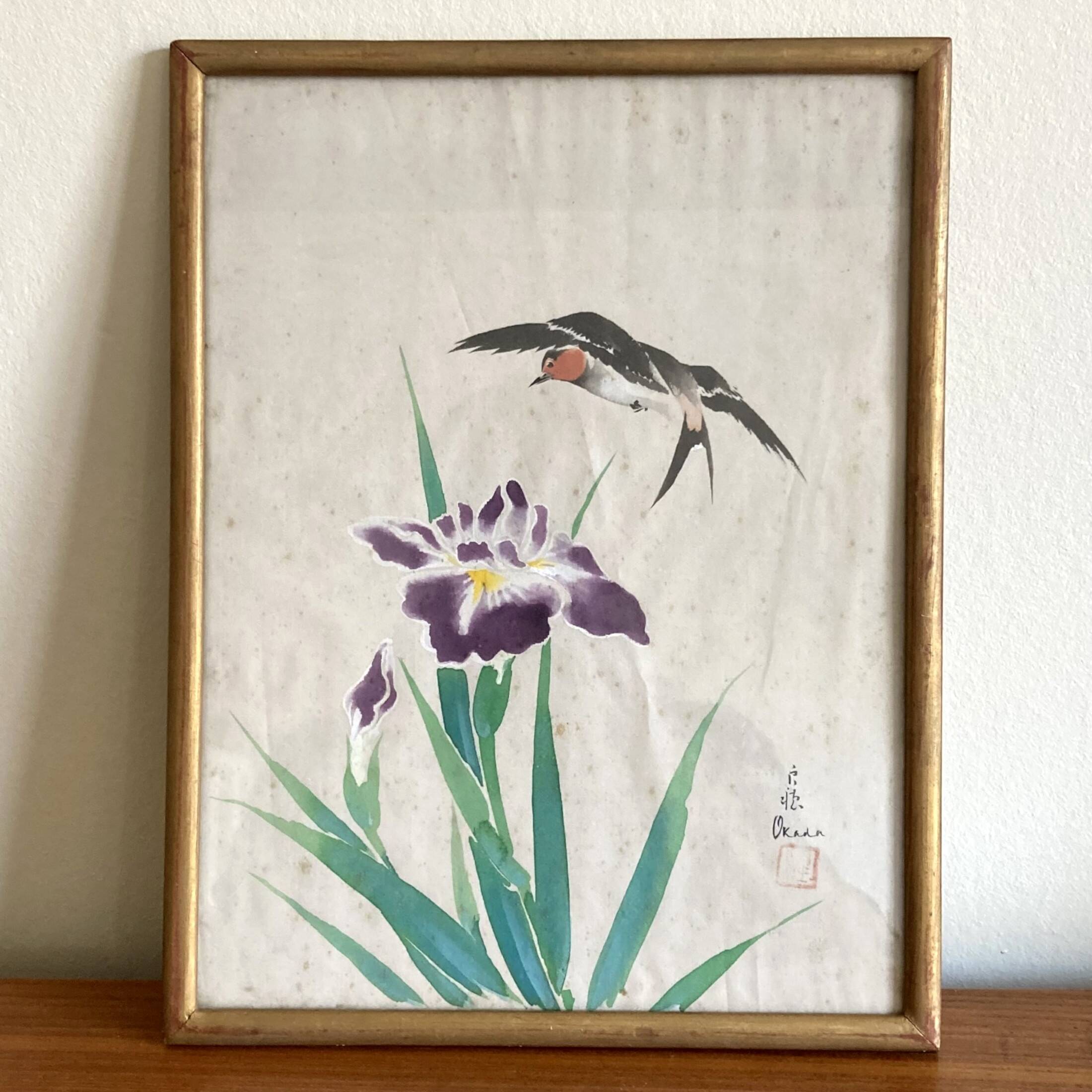 Small Japanese painting bird and iris Okada vintage old watercolor