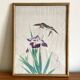 Small Japanese painting bird and iris Okada vintage old watercolor