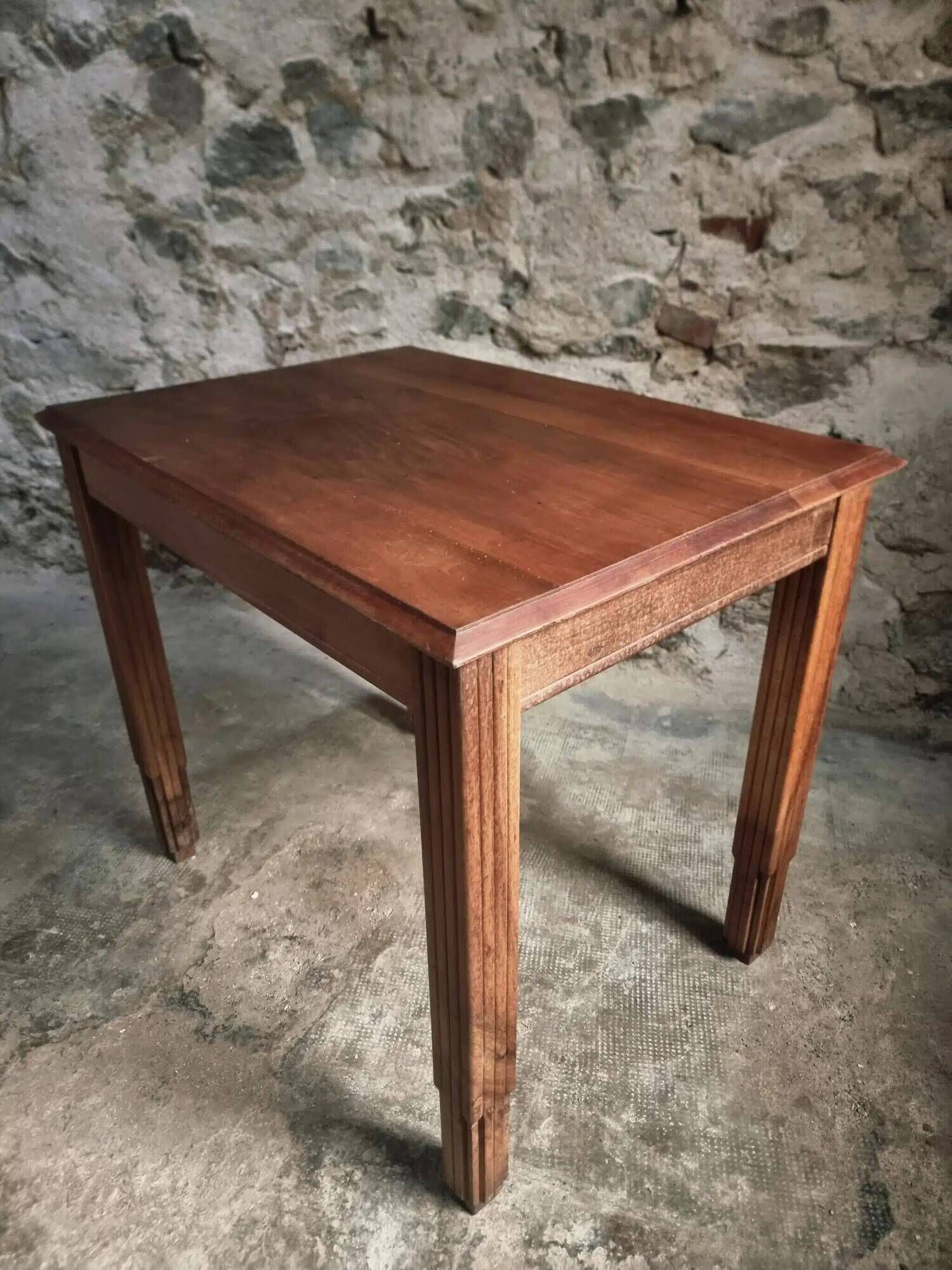 Vintage French walnut writing desk, 1950s Art Deco style, table with drawer, compact desk or side table
