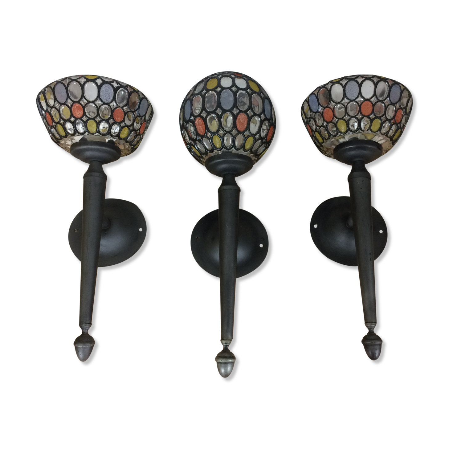 3 appliques balls colored glass and metal, 80s