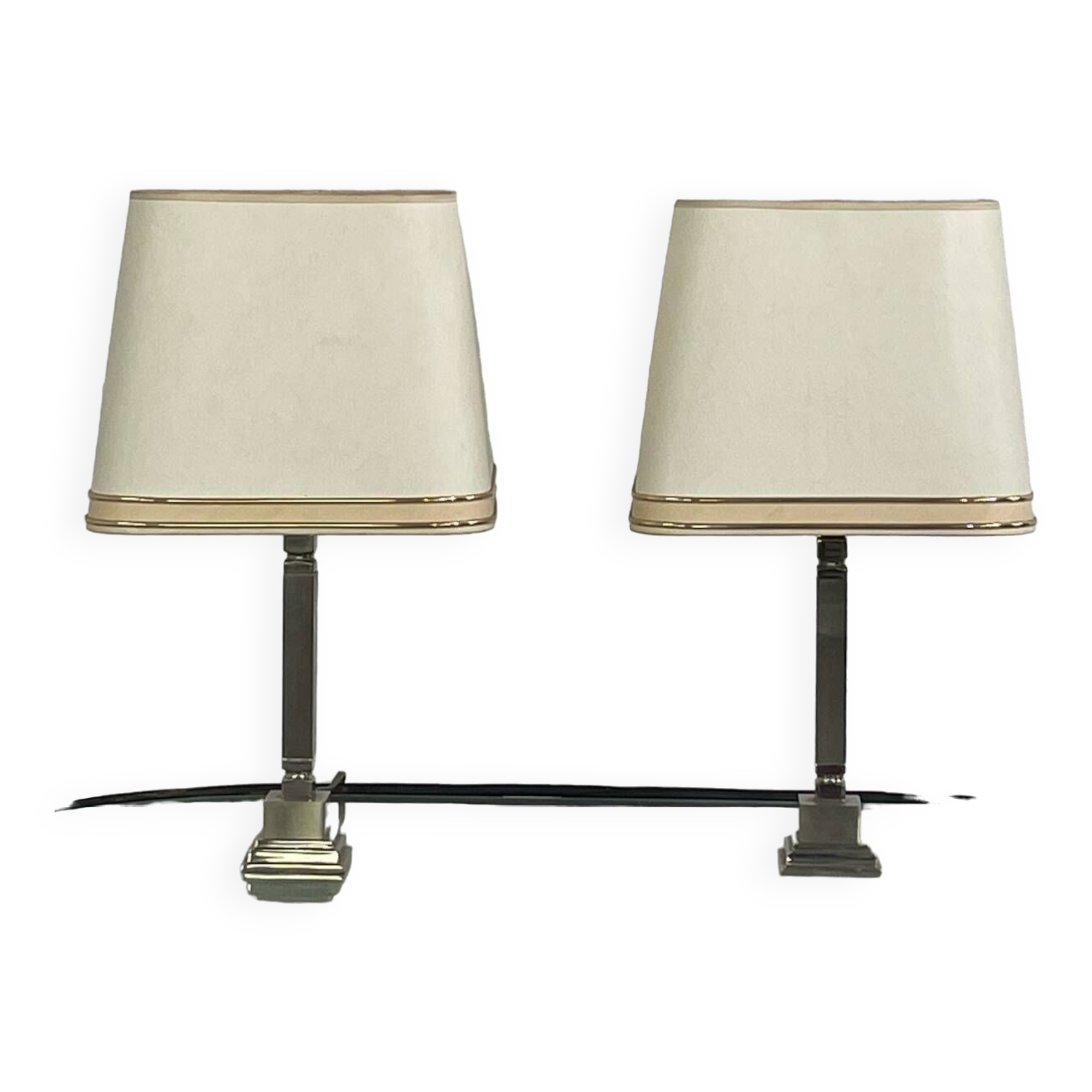 Pair of chrome and brushed metal lamps