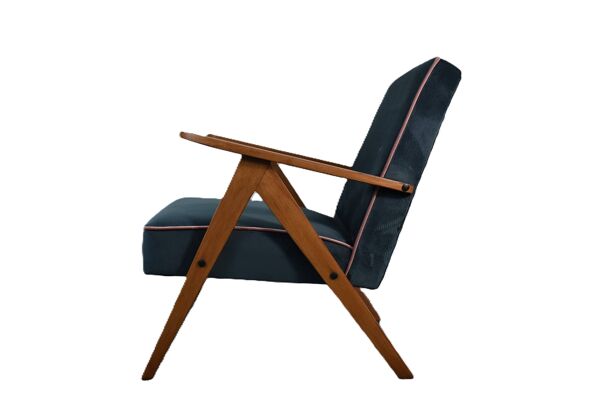 Chaise compas restaurée, tissu jaune canari, fil rose, teck, 1960
