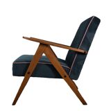 Chaise compas restaurée, tissu jaune canari, fil rose, teck, 1960