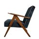 Chaise compas restaurée, tissu jaune canari, fil rose, teck, 1960