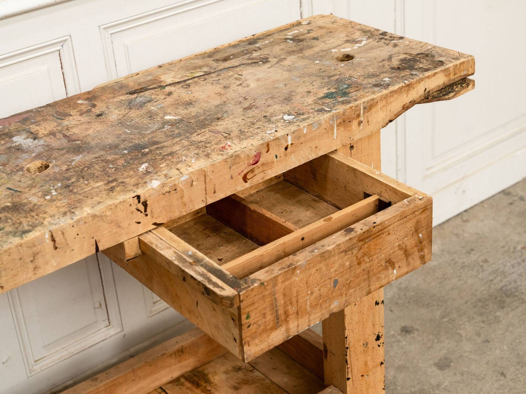 Old small workbench with drawer, beautiful original patina, 1920.