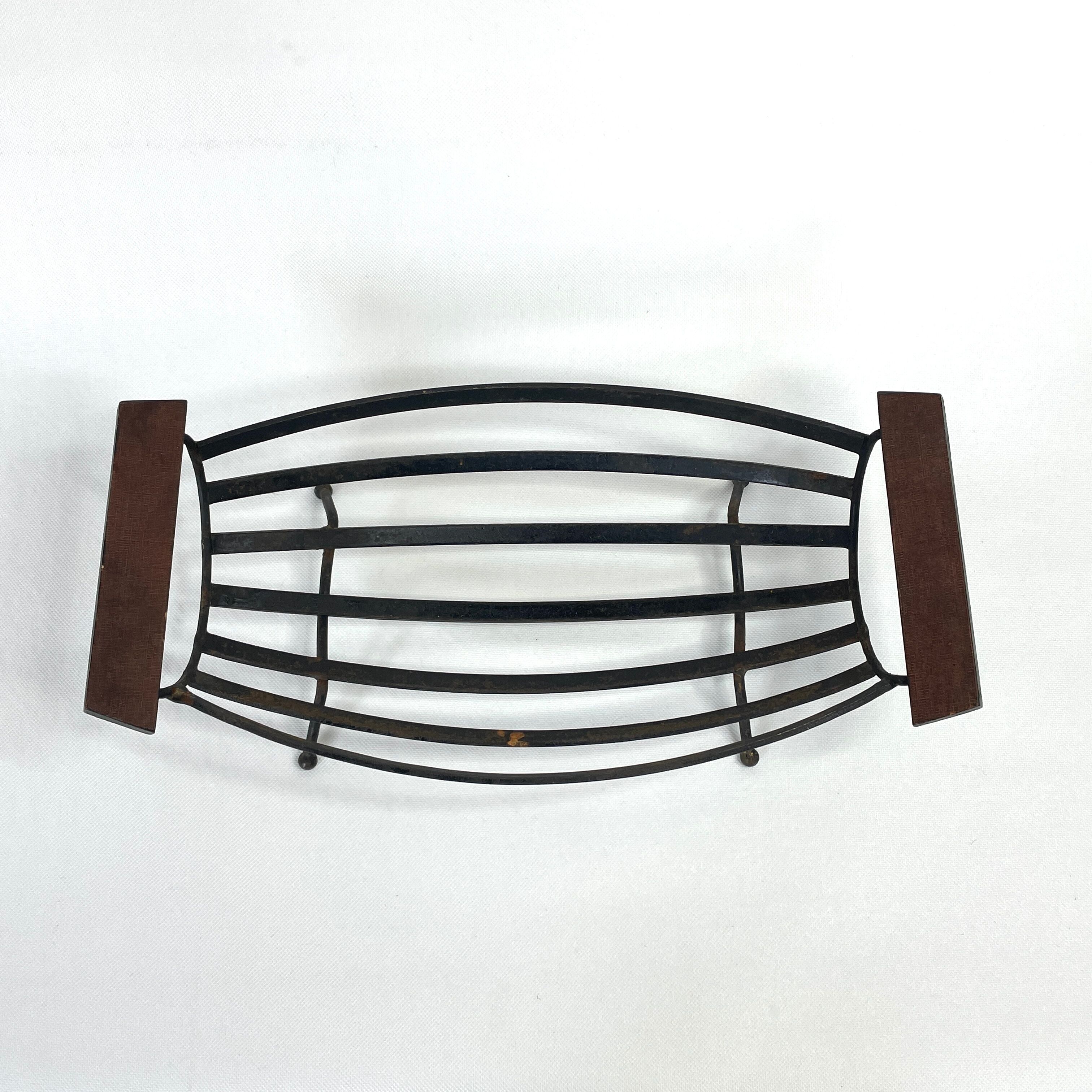Vintage brutalist fruit basket in wrought iron and teak, 1950