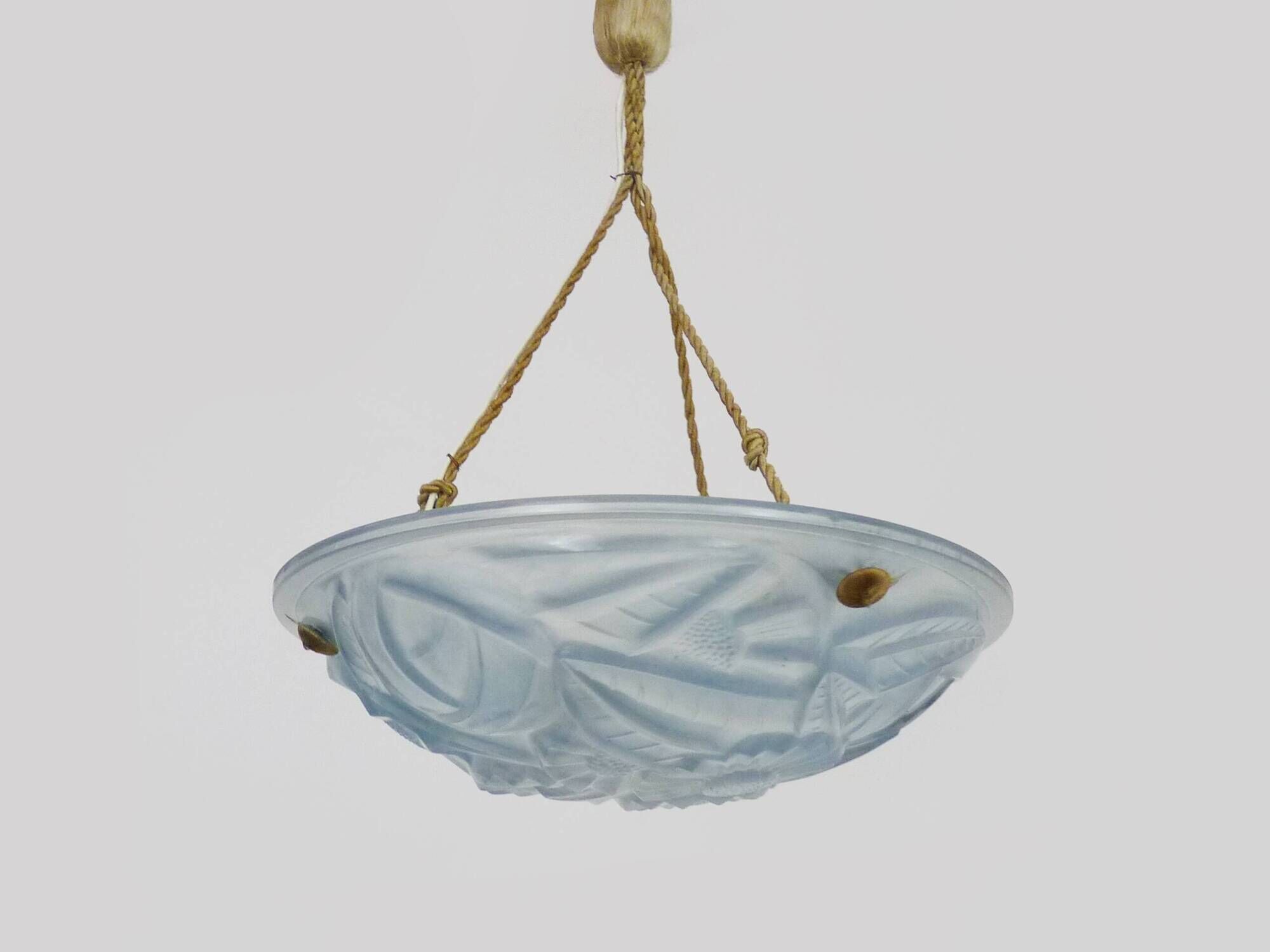 Old degue chandelier, 1-burner art deco washbasin pendant light, in blue glass paste. signed degué