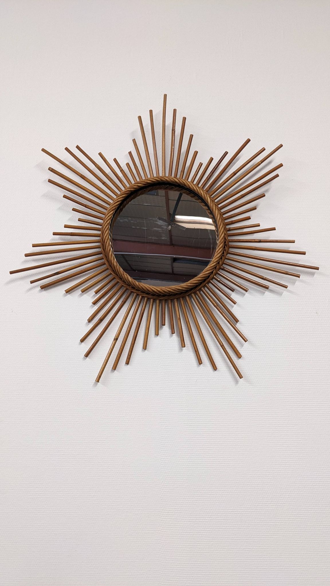 XL starry sun mirror in rattan, France around 1970