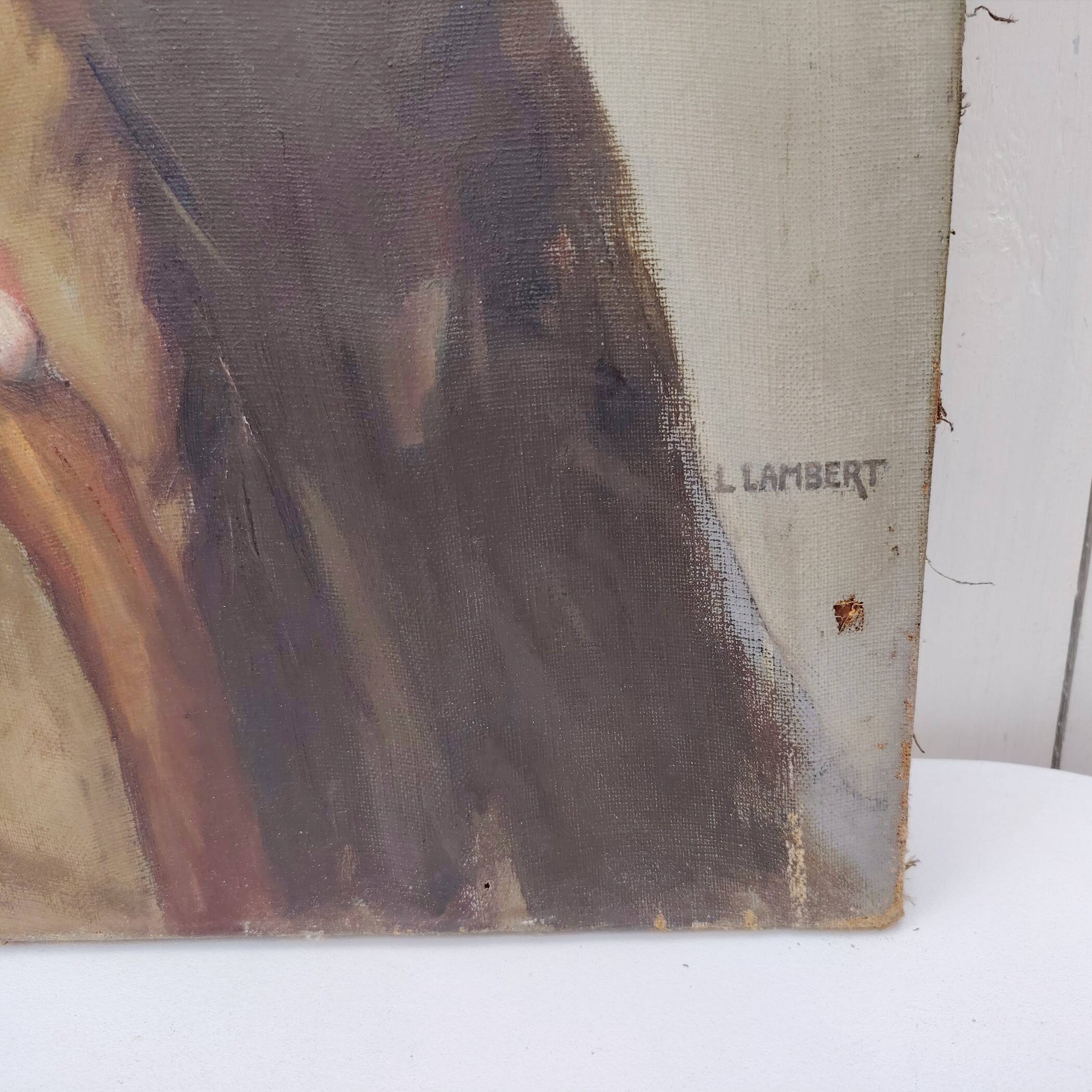 Portrait of grandfather, oil on canvas, L. Lambert, vintage