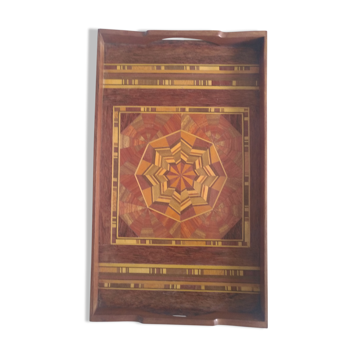 Old vintage marquetry wooden tray