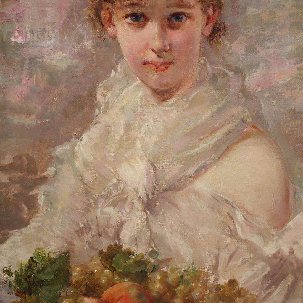 Signed Italian painting portrait of a young girl from the 20th century