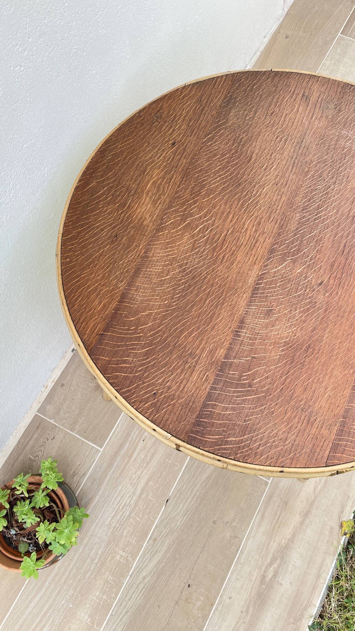 Round coffee table rattan and oak vintage