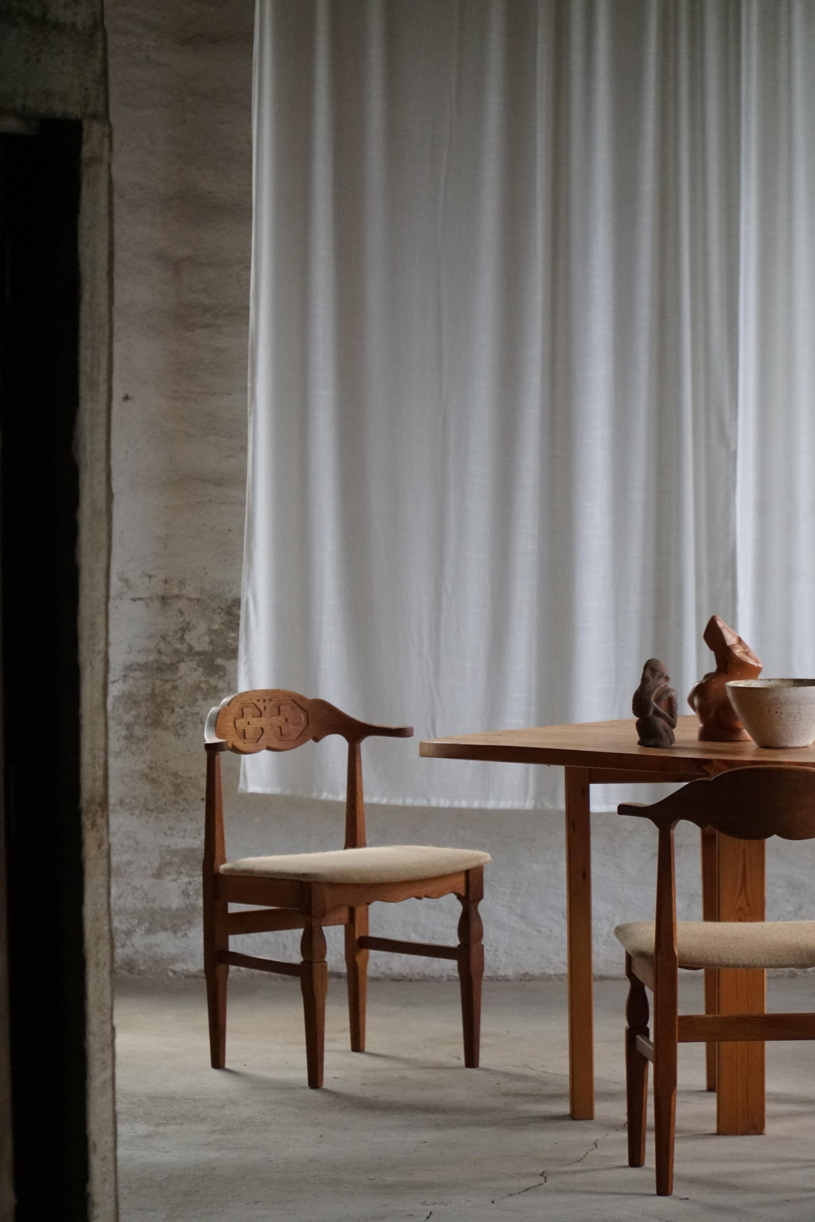 Henning Kjærnulf, set of 8 oak chairs with jute fabric, mid-century Danish, 1960s.