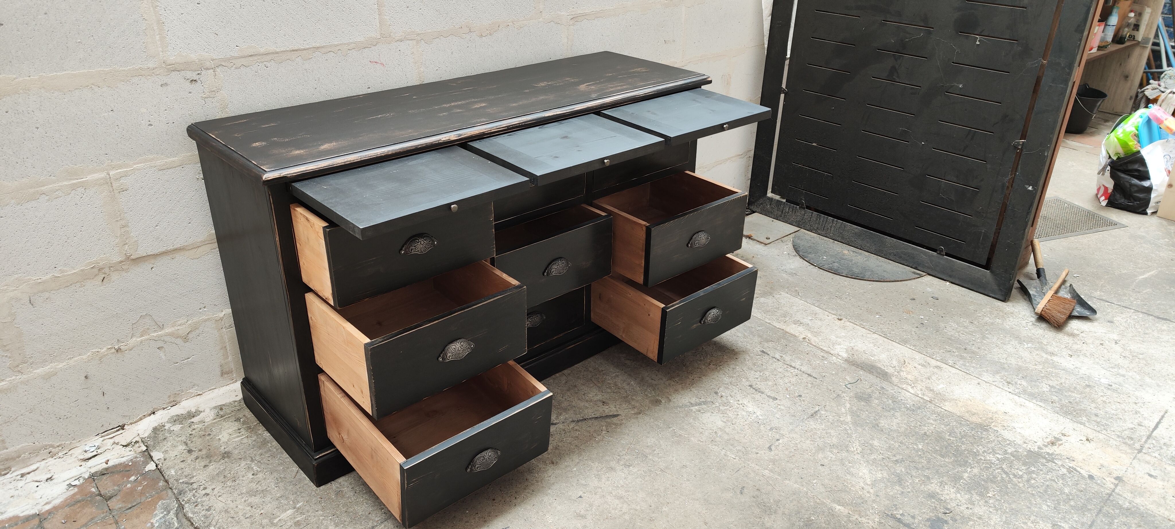 Furniture of trade nine drawers three shelves patina black