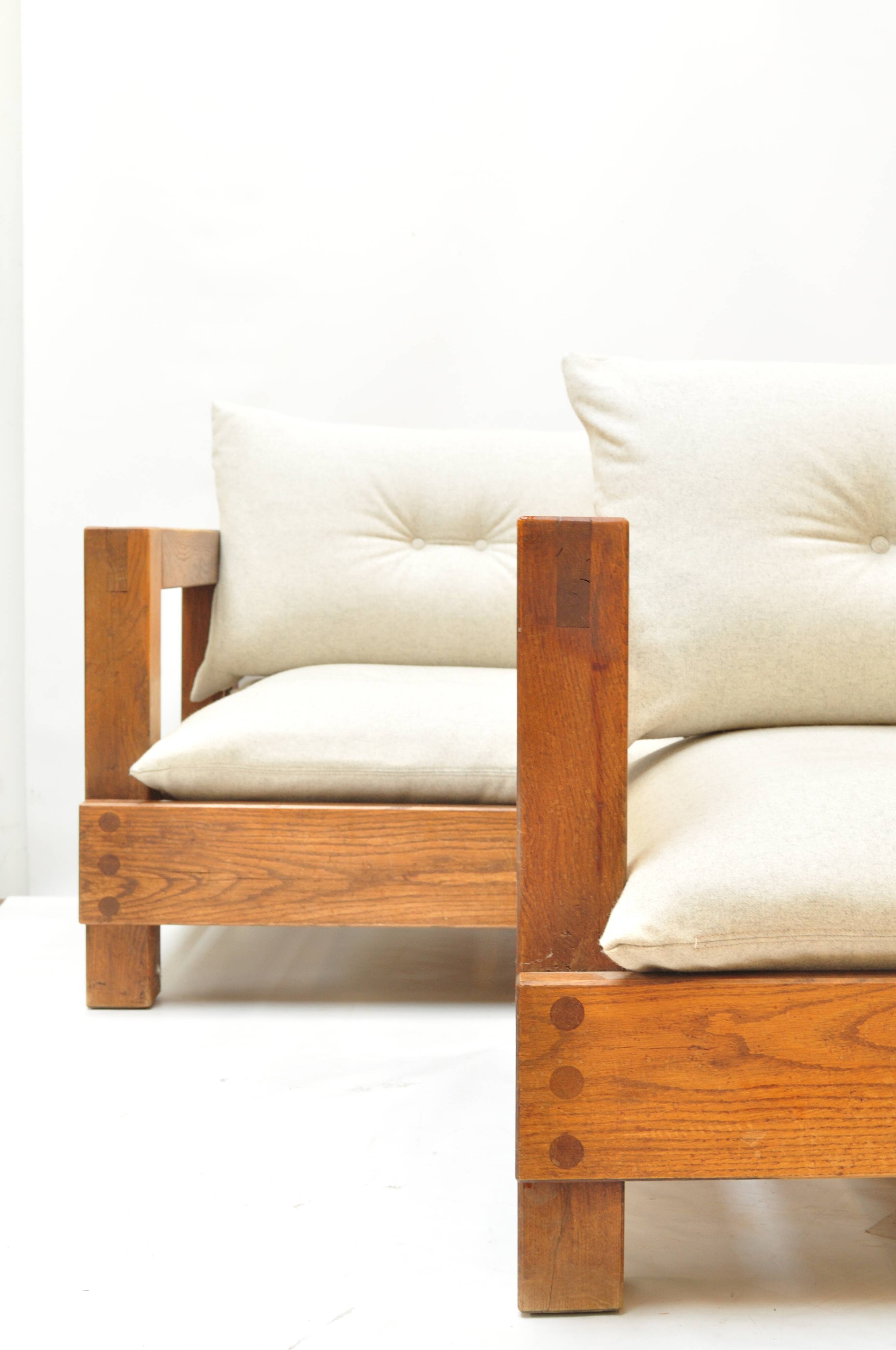 Solid oak seating ensemble rebuilt in 100% virgin wool — two sofas and loun