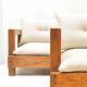 Solid oak seating ensemble rebuilt in 100% virgin wool — two sofas and loun