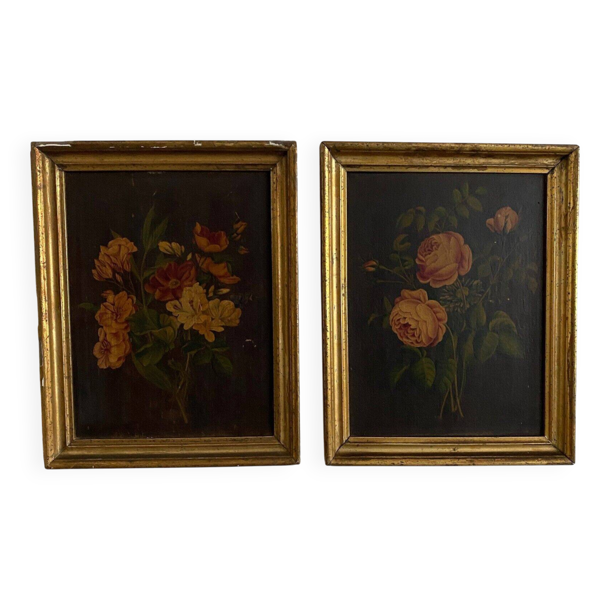 Pair of still lifes, oils on cardboard, late 19th century, bouquets of flowers