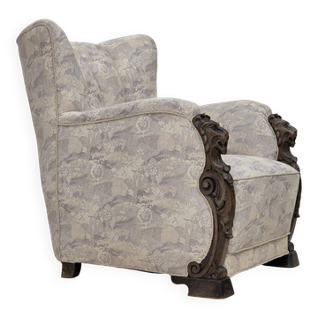 Fauteuil danois des années 1960, tissu jacquard, bois de frêne sculpté à la main.