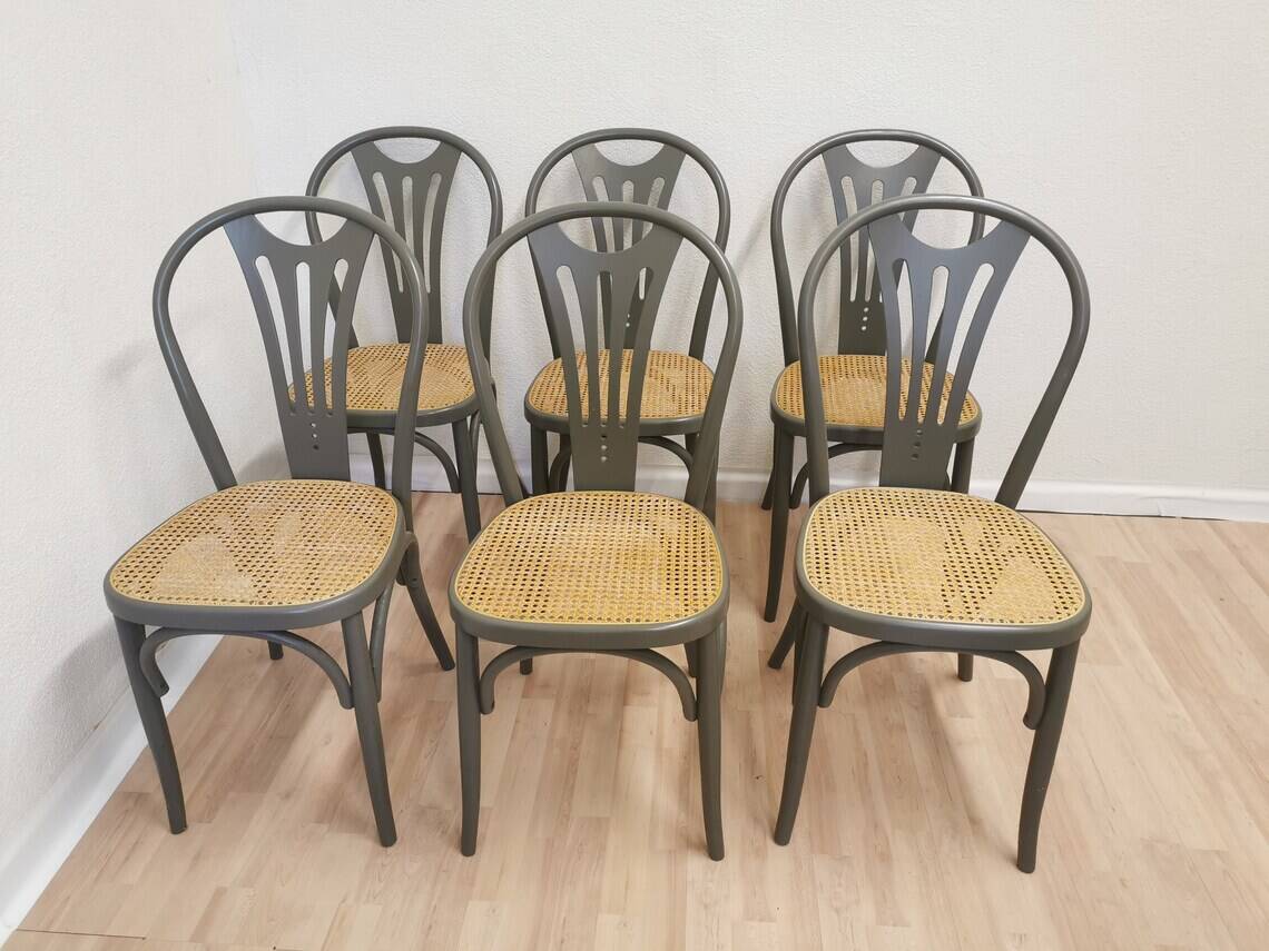Set of 6 Vintage Gray Bentwood Dining Chair: Thonet Style Cane Seat