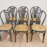 Lot de 6 chaises de salle à manger vintage en bois courbé gris : siège en rotin style Thonet