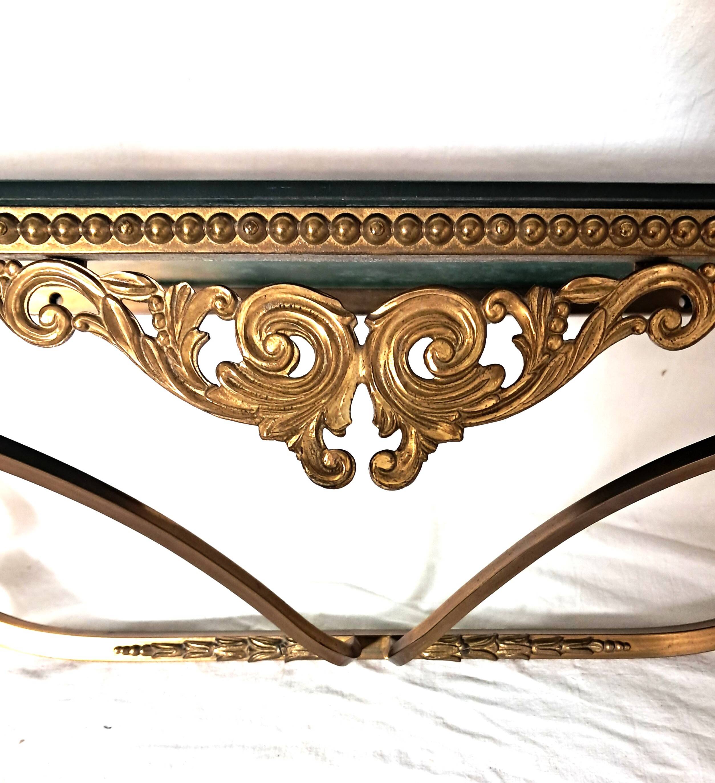 Console D’Applique Murale Années 50 en Métal Doré avec Plateau Miroir